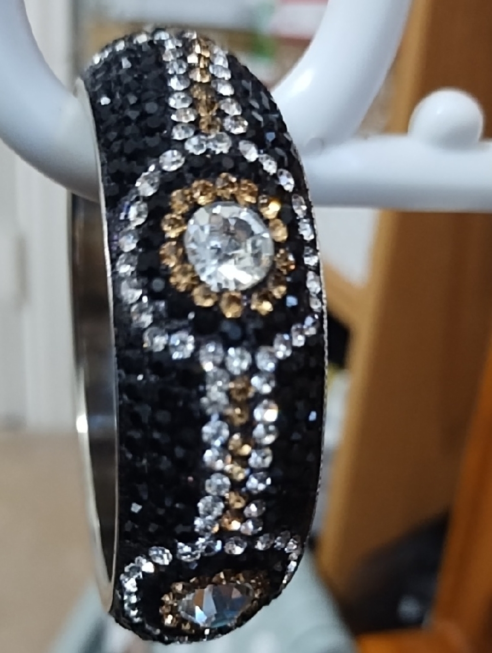 Black Crystal Dome Bangle Bracelet with Clear Rhinestone Accents